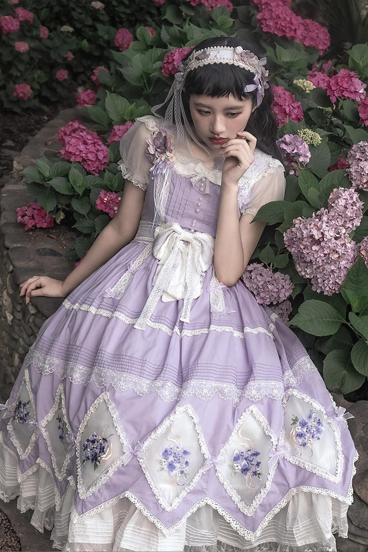 Purple Print Ruffle Embroidery Bowknot Classic Vintage Lolita Dress
