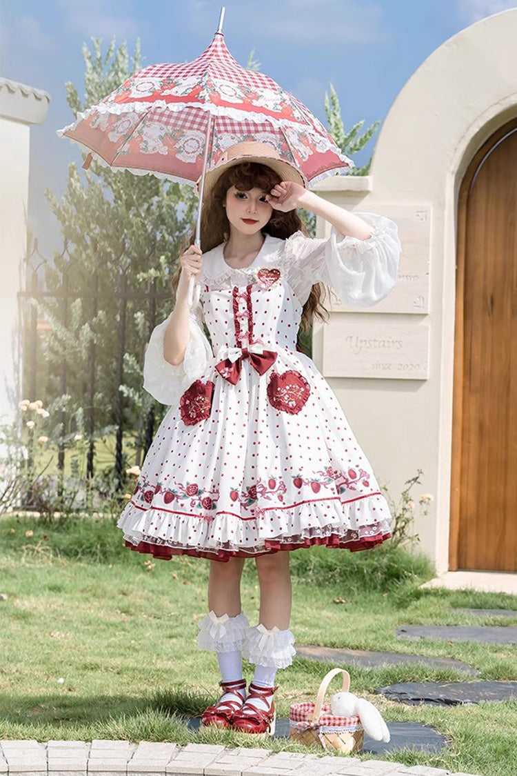 White Strawberry Diary Print Ruffle Bowknot Sweet Lolita Jsk Dress