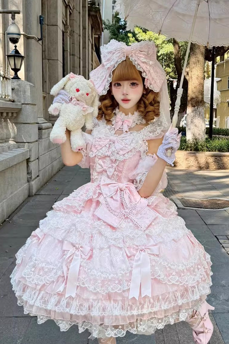 Pink Dream of the Misty Moon Sleeveless Multi-Layered Ruffled Bow Lace Pearl-Decorated Sweet Princess Lolita Jsk Dress