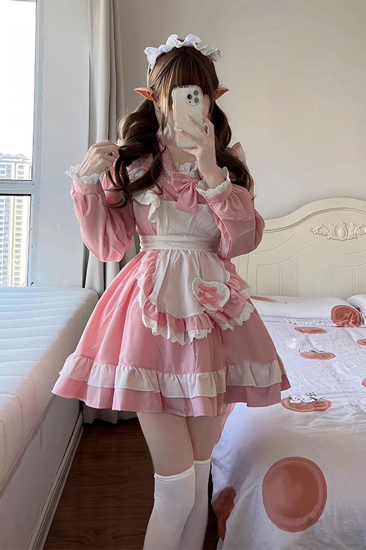 Pink Maid Long Sleeves Ruffle Bowknot Sailor Sweet Plus Size Lolita Dress Full Set