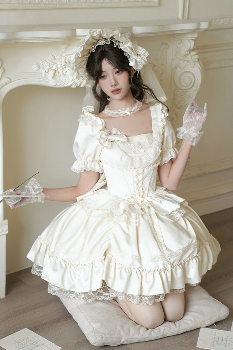 White Letters and Poems Square Collar Short Sleeves Ruffle Hanayome Bowknot Sweet Elegant Gorgeous Lolita Dress