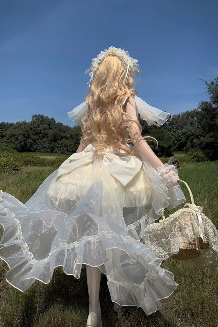 Apricot Cream Cake Sleeveless Multi-Layered Ruffle Bowknot Sweet Princess Lolita Jsk Dress Set