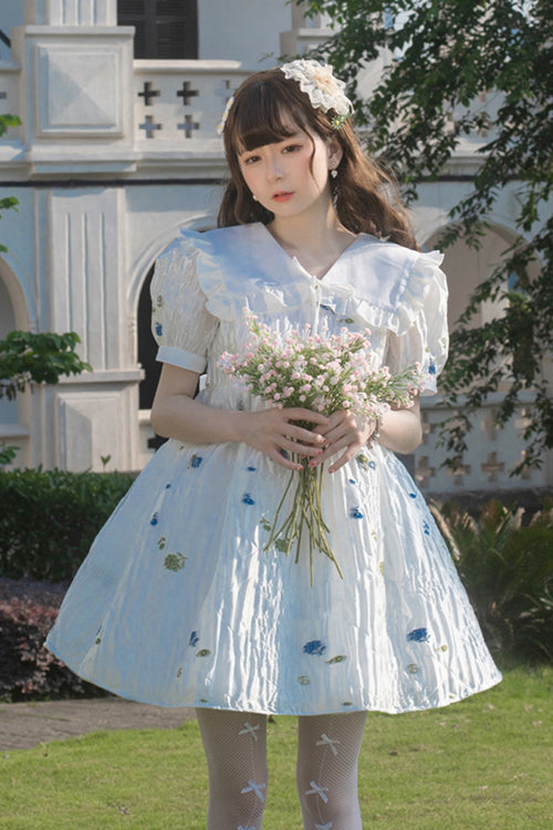 White French Lapel Collar Bubble Short Sleeves Floral Print High Waisted Sweet Lolita Dress