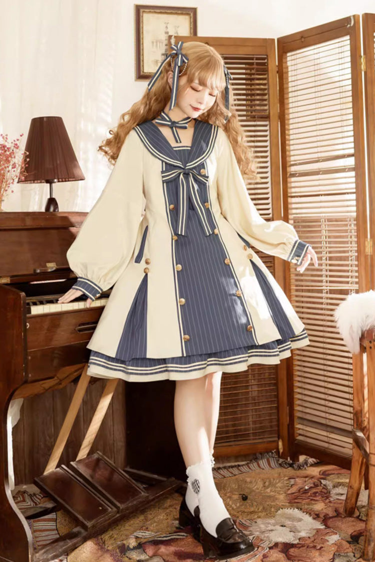 Blue/Apricot Navy Collar Long Sleeves Print Ruffle Bowknot Sweet Plus Size Lolita Dress