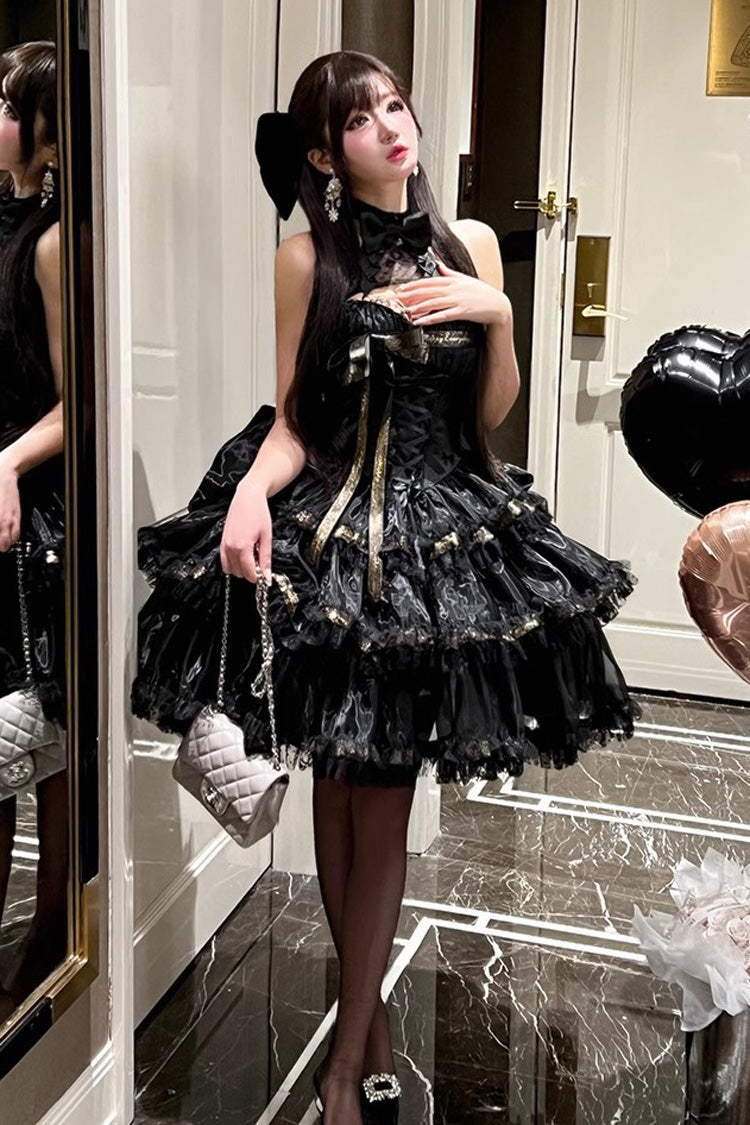 Black First Kiss Halterneck Triple-Layered Ruffle Lace Hot Stamping Gothic Princess Lolita Dress