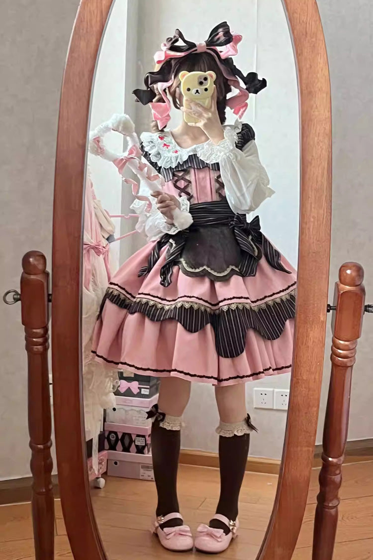 Strawberry and Mint Chocolate Double-Layered Printed Bow Lace-Up Irregular Sweet Lolita Dress 2 Colors