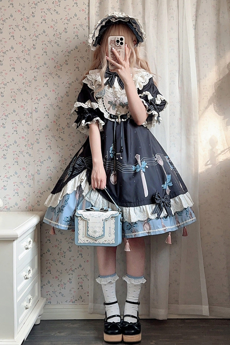 Dark Blue The Witch's Banquet Round Collar Short Sleeves Printed Ruffled Embroidered Bow Asymmetric Sweet Lolita Dress
