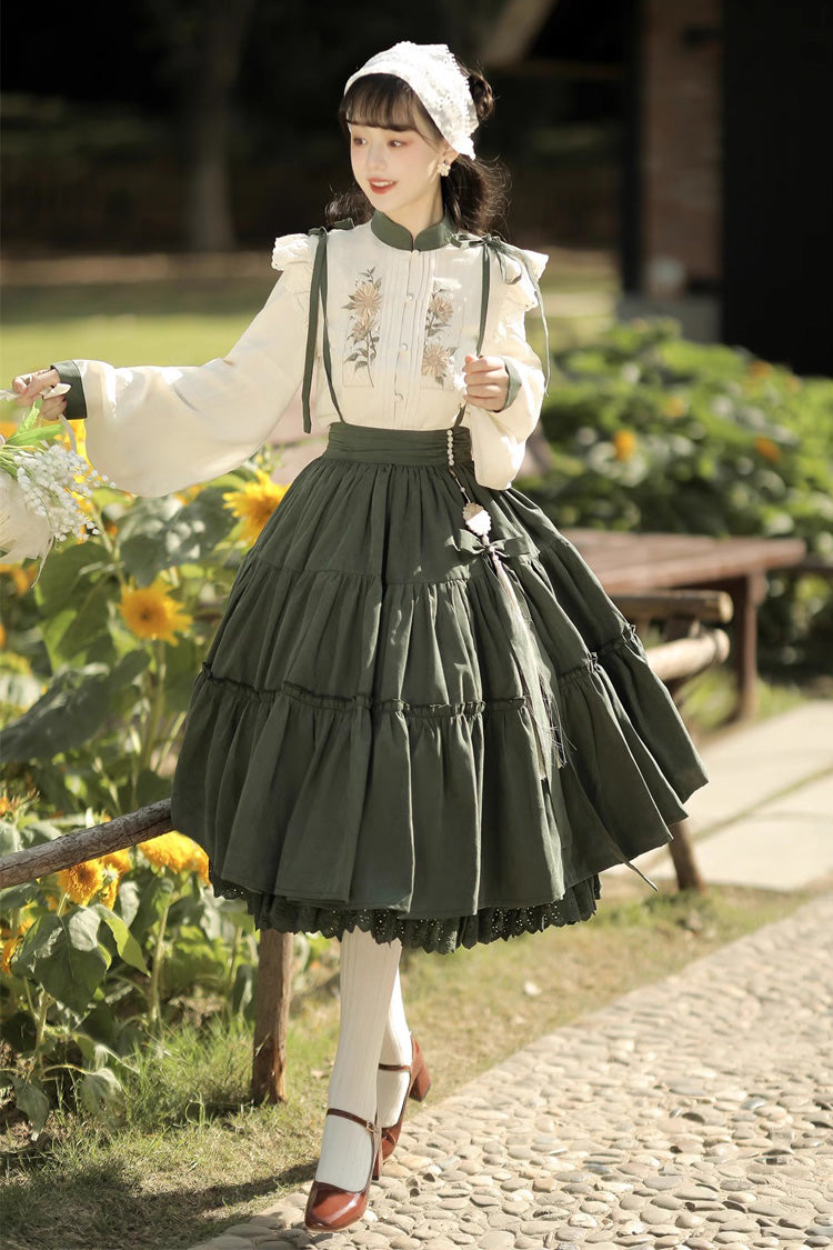 White/Green Country Style Midsummer Sunflower Sweet Lolita Skirt Two-Piece Set