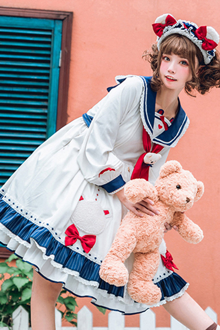 White College Style Navy Collar Chiffon Sea White Bear Print Bowknot Ruffled Sweet Lolita OP Dress