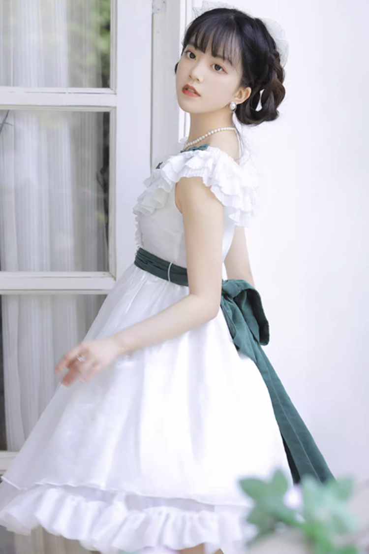 White Round Collar Sleeveless Ruffle Bowknot Sweet Lolita Dress