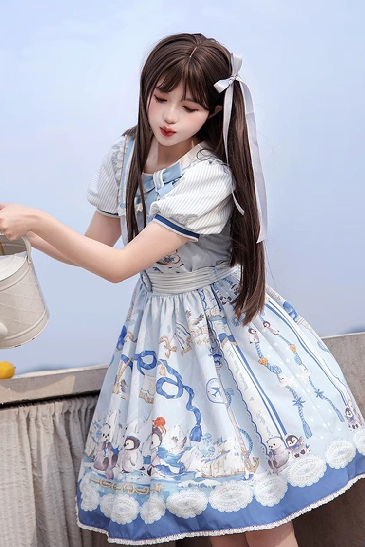 Blue Penguin Navy Short Sleeves Print Ruffle Bowknot Sweet Princess Lolita Dress