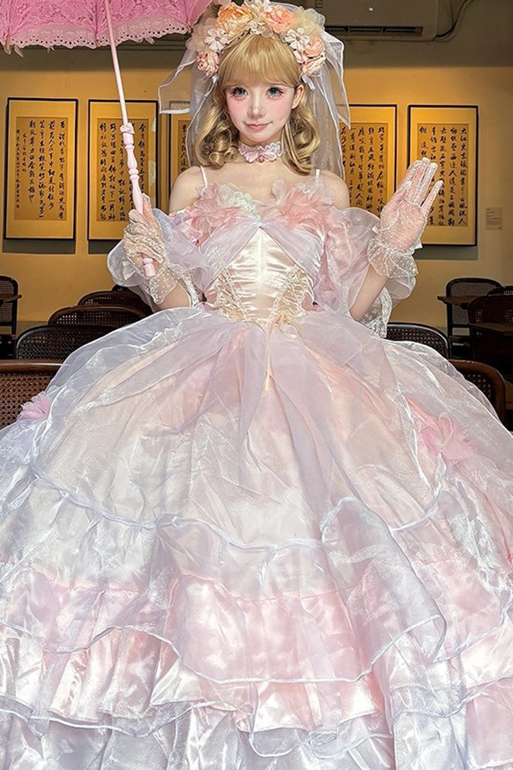 Pink Off Shoulder Short Sleeves Multi-Layered Ruffle Hanayome Bowknot Lace Sweet Plus Size Lolita Dress