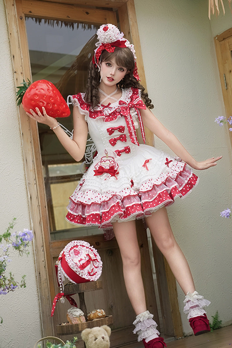 Red/White Twin Bears Sleeveless Triple-Layered Print Ruffle Bowknot Lace Sweet Lolita Jsk Dress