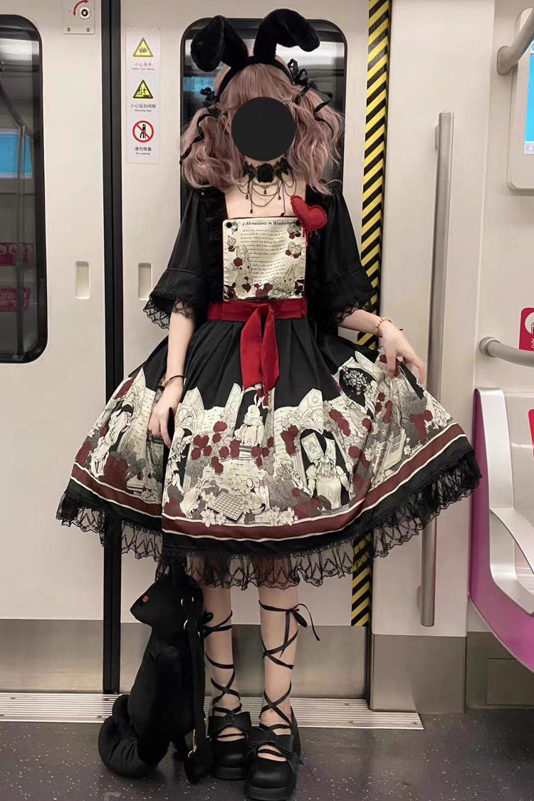 Black Alice of the Asylum Print Bowknot Lace Gothic Lolita Dress 2 Versions