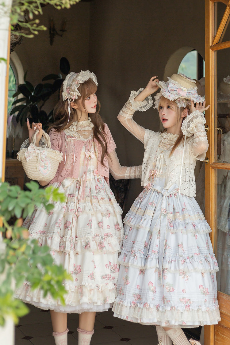 Strawberry Garden Sleeveless Multi-Layered Printed Ruffled Bow Sweet Lolita Jsk Dress 2 Colors
