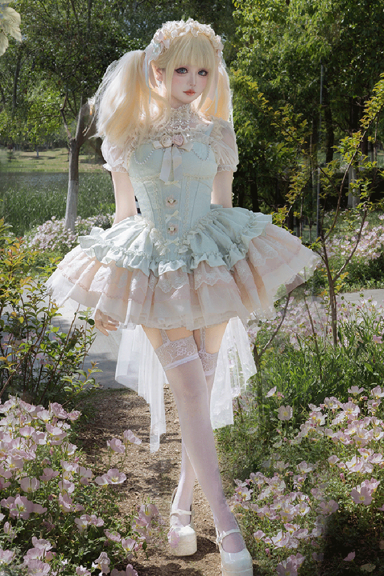 Green Sleeveless Multi-Layered Ruffle Bowknot Lace Lace-Up Sweet Princess Lolita Jsk Dress