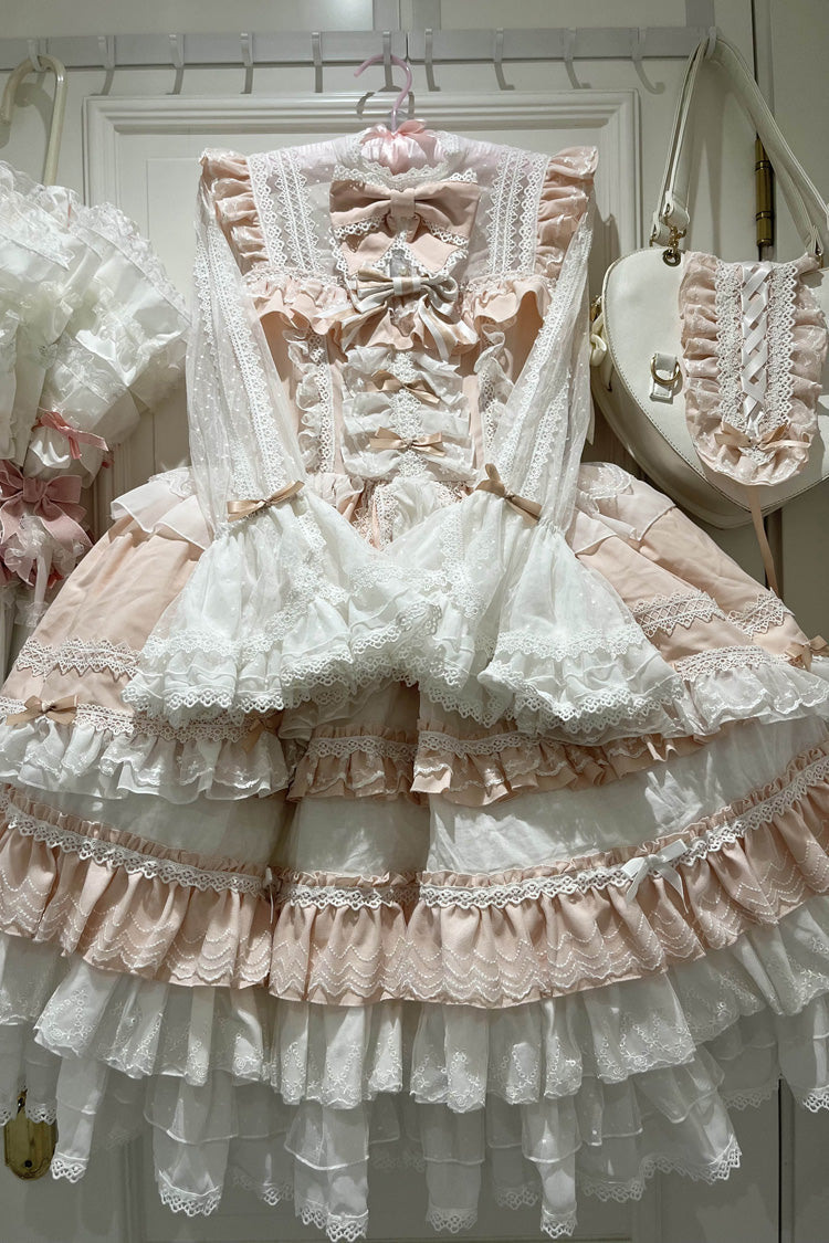 Pink Long Sleeves Multi-Layered Ruffle Bowknot Lace Sweet Lolita Dress