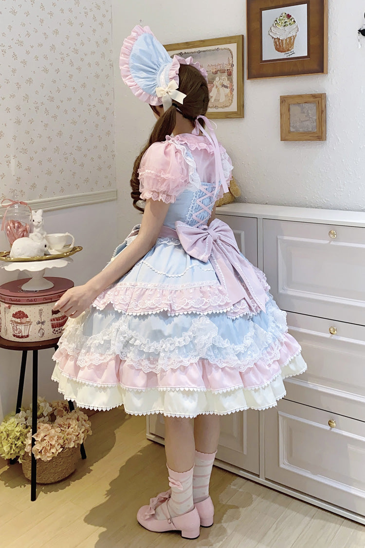 Blue/Pink Fondant Cake Sleeveless Multi-Layered Ruffle Bowknot Lace Sweet Lolita Jsk Dress