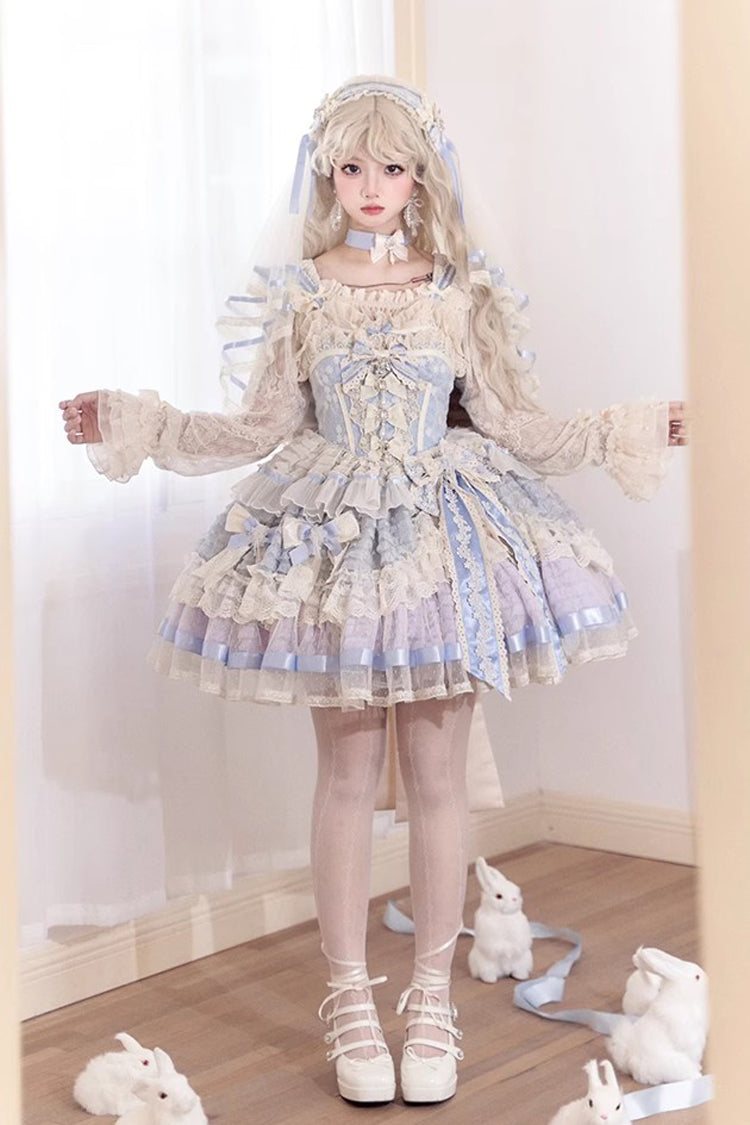 Blue Moonstone Sleeveless Ruffle Embroidery Bowknot Lace Fishbone Sweet Princess Lolita Dress