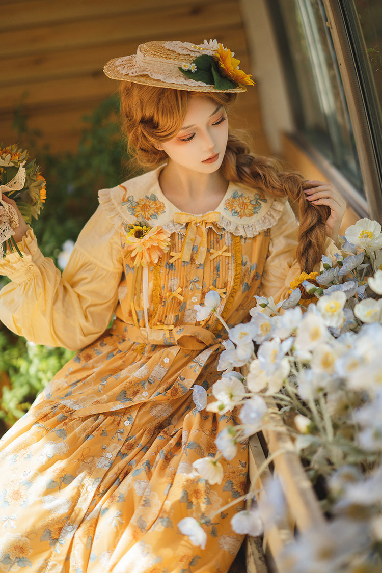 Yellow Gardening Sunflower Sleeveless Print Ruffle Bowknot Sweet Elegant Lolita Jsk Dress