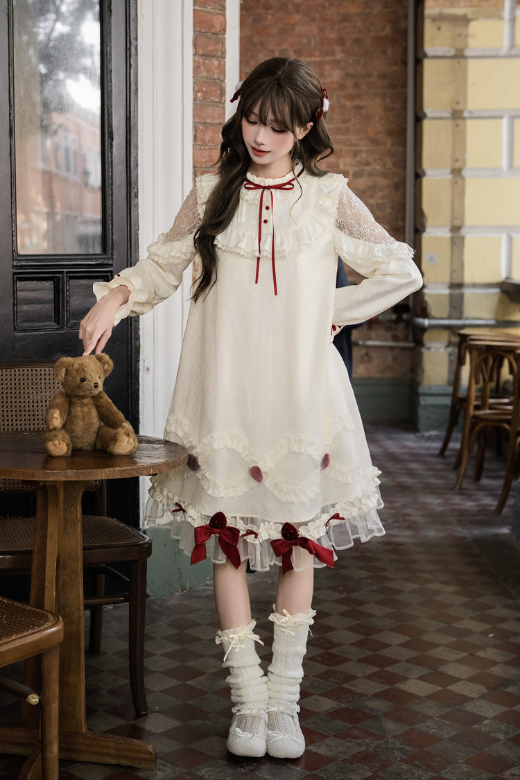 Ivory Strawberry Cream Cake Stand Collar Long Sleeves Ruffled Bow Lace Sweet Lolita Dress
