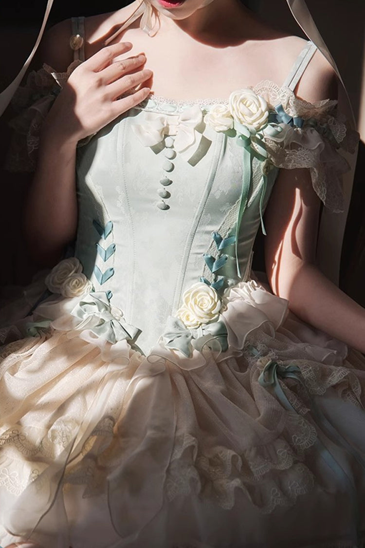 Light Green Off Shoulder Ruffle Bowknot Lace Sweet Elegant Princess Ballet Lolita Tiered Dress