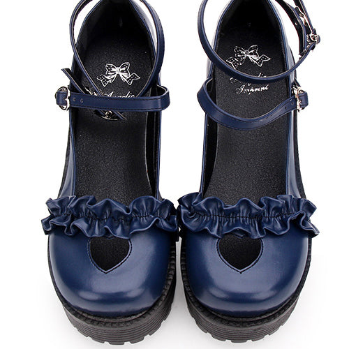 Round Toe Hollow Out Heart Shape Ruffle School Sweet Lolita Shoes