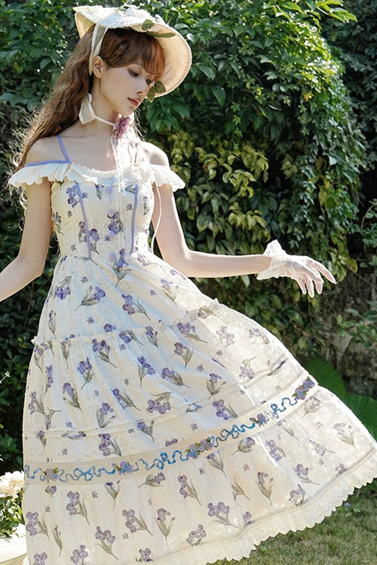 Ivory Moonlight Iris Off Shoulder Print Ruffle Embroidery Lace Sweet Lolita Jsk Dress