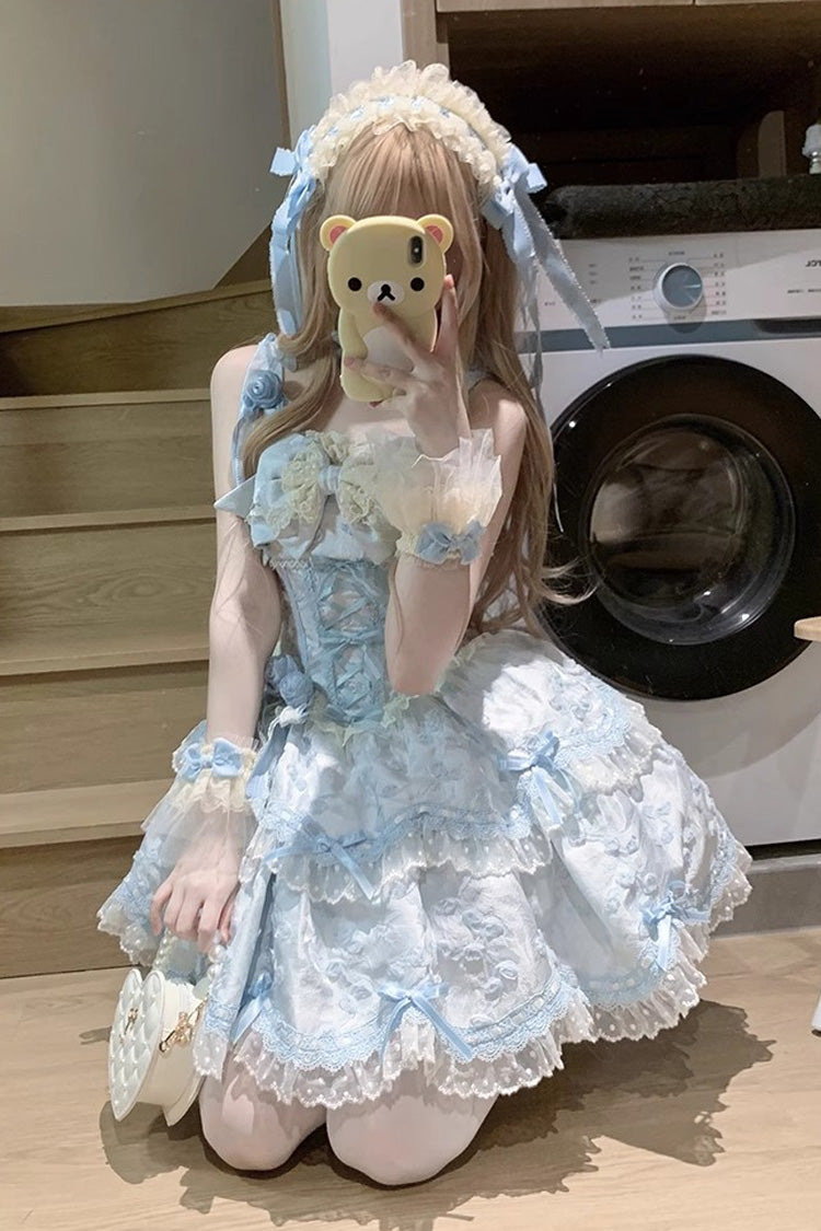 Blue Floral Overture Double-Layered Ruffle Embroidery Bowknot Lace Sweet Lolita Jsk Dress
