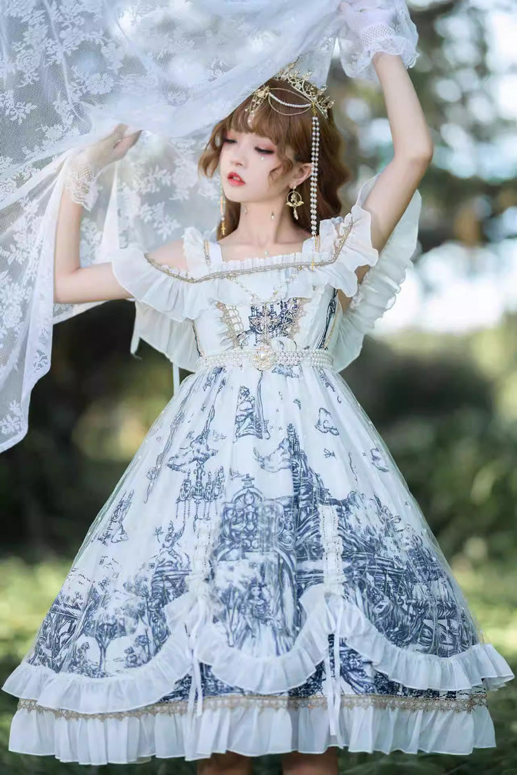White Castle Feast Print Ruffle Bowknot Gothic Princess Lolita Jsk Dress