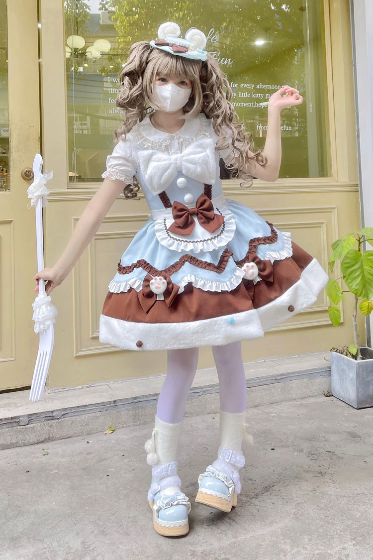 Blue/Brown Cream Snow Cat Winter Ruffle Bowknot Sweet Lolita Jsk Dress