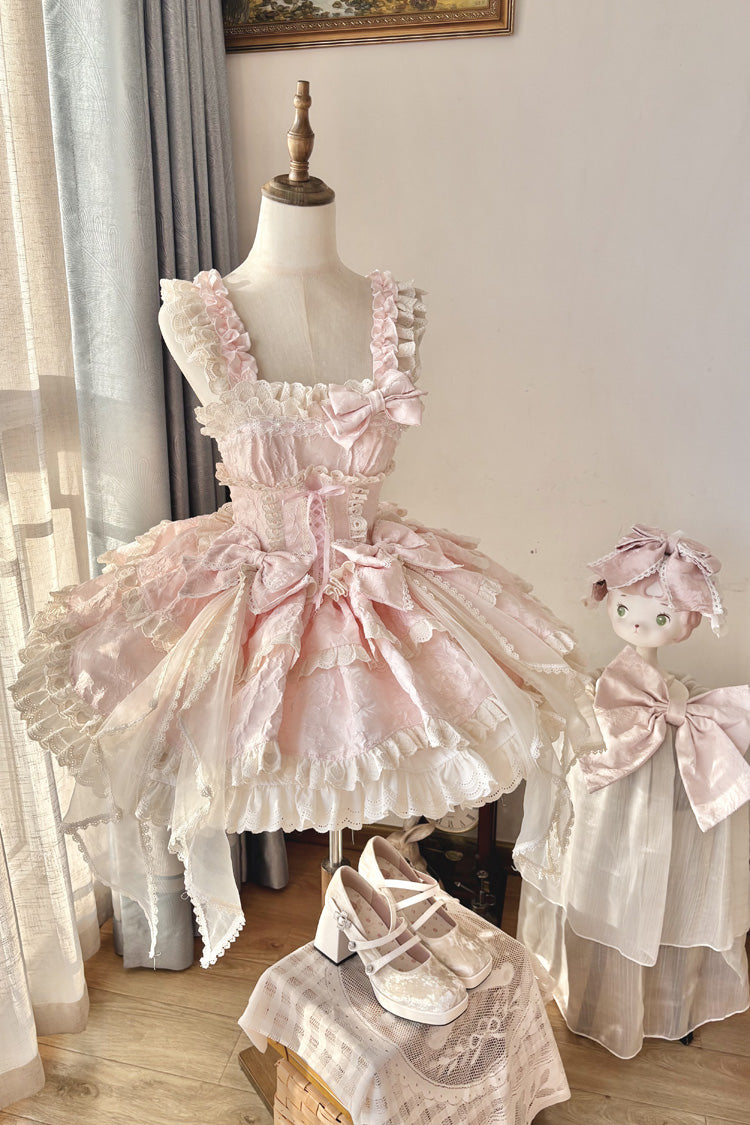 Pink Sleeveless Multi-Layered Ruffled Bow Sweet Princess Ballet Lolita Jsk Dress