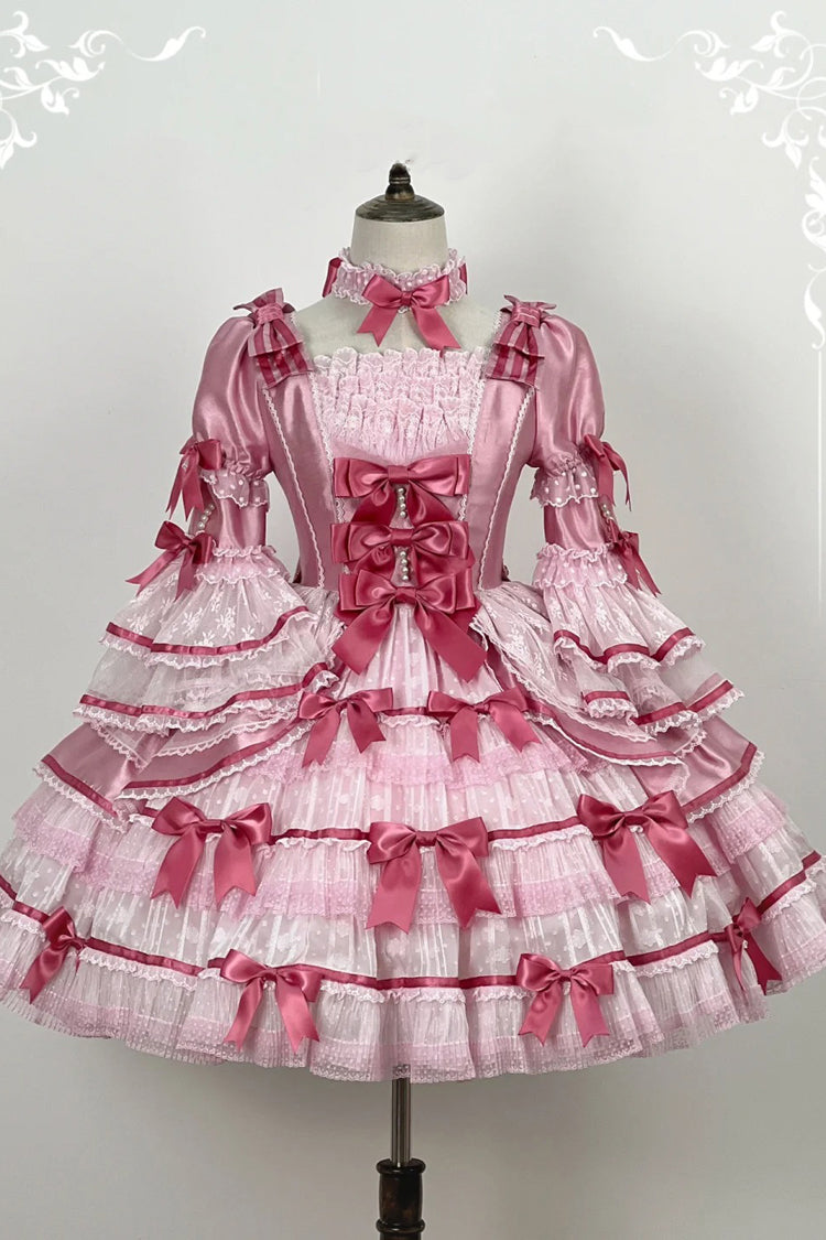 Pink Velvet Cake Long Trumpet Sleeves Multi-Layered Ruffle Bowknot Lace Sweet Lolita Dress