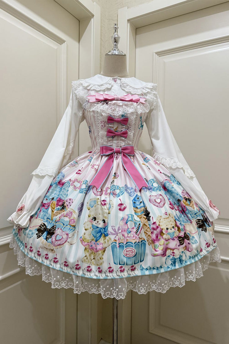 White Floral Whisper Bear Print Ruffle Bowknot Lace Sweet Princess Lolita Jsk Dress