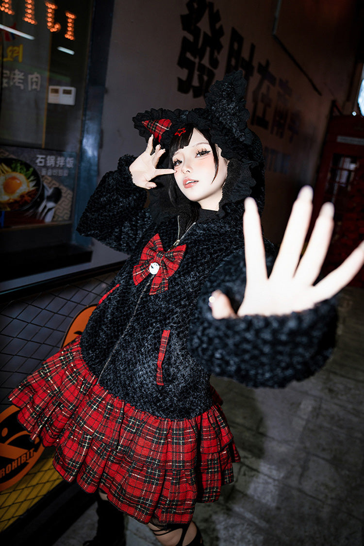 Black/Red Night Cat Plaid Print Ruffle Bowknot Hooded Sweet Lolita Skirt Coat