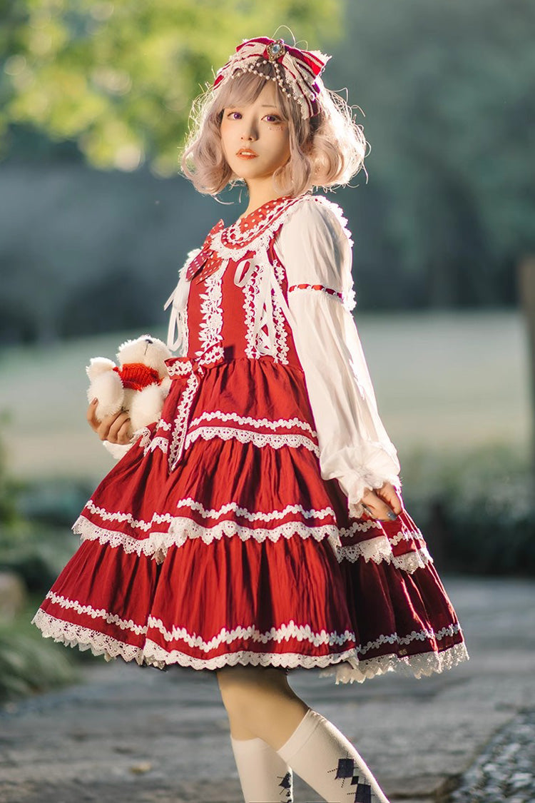 Red/White Three-section Cake Sleeveless Ribbon Sweet Lolita Tiered Dress