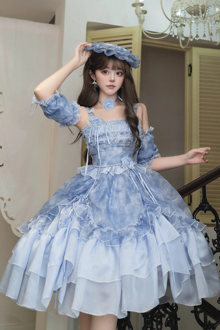 Goodnight Camellia Sleeveless Ombre Multi-Layered Printed Ruffled Lace Fishbone Sweet Lolita Jsk Dress 3 Colors