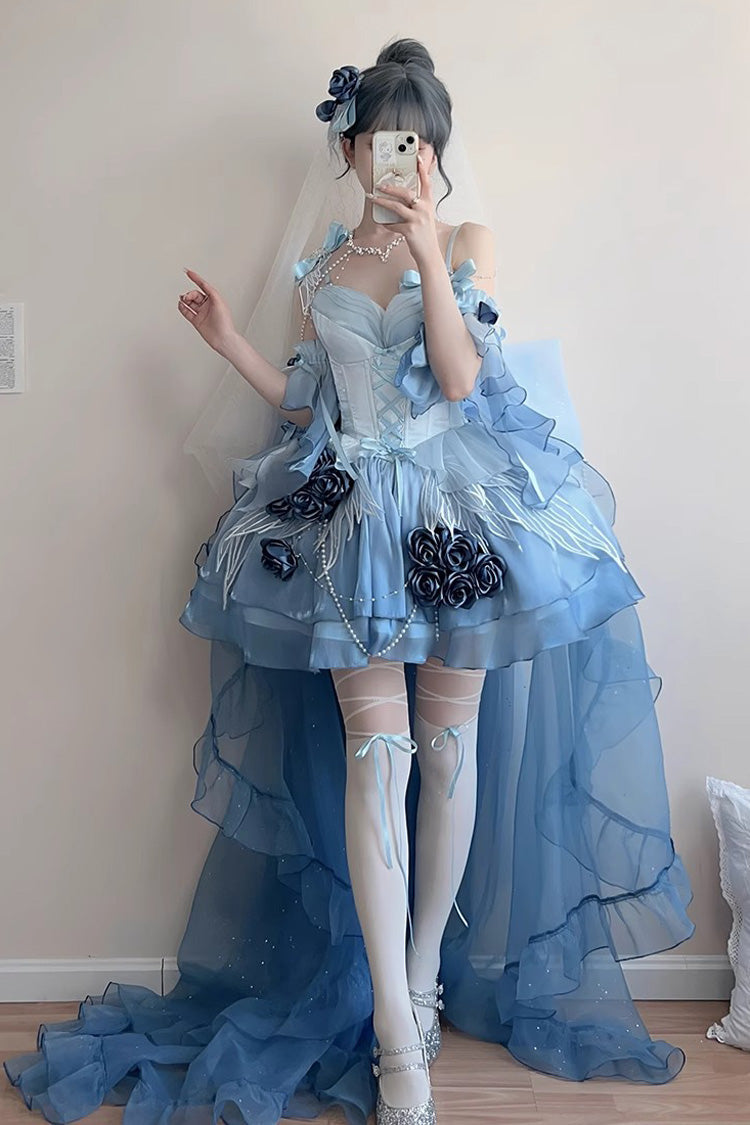 Sky Blue Swan Wonderland Embroidery Bowknot Lace-Up Sweet Ballet Lolita Jsk Dress Short Version