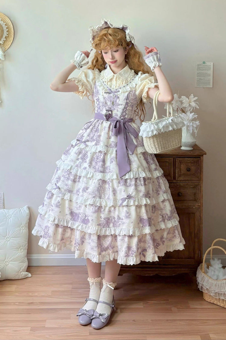 Purple Grape Moon Almanac Sleeveless Multi-Layered Printed Ruffled Bow Adjustable-Length Sweet Lolita Jsk Dress