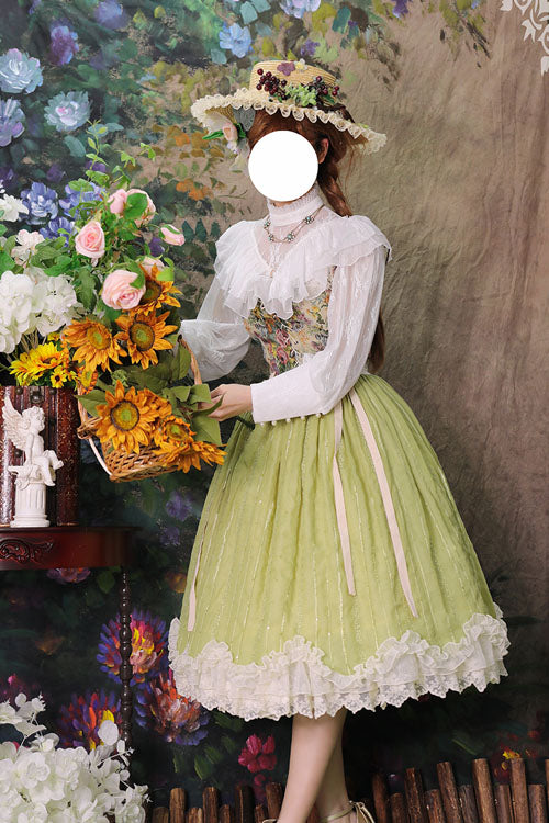 Green Elegant Vintage Tulip Multi-Layer Ruffled Classic Lolita Skirt Dress