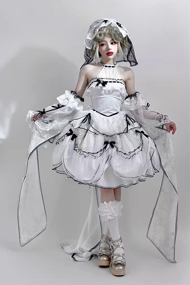 White Cascade Poem Sleeveless Multi-Layered Ruffle Hanayome Bowknot Lace Gothic Plus Size Gorgeous Lolita Jsk Short Dress