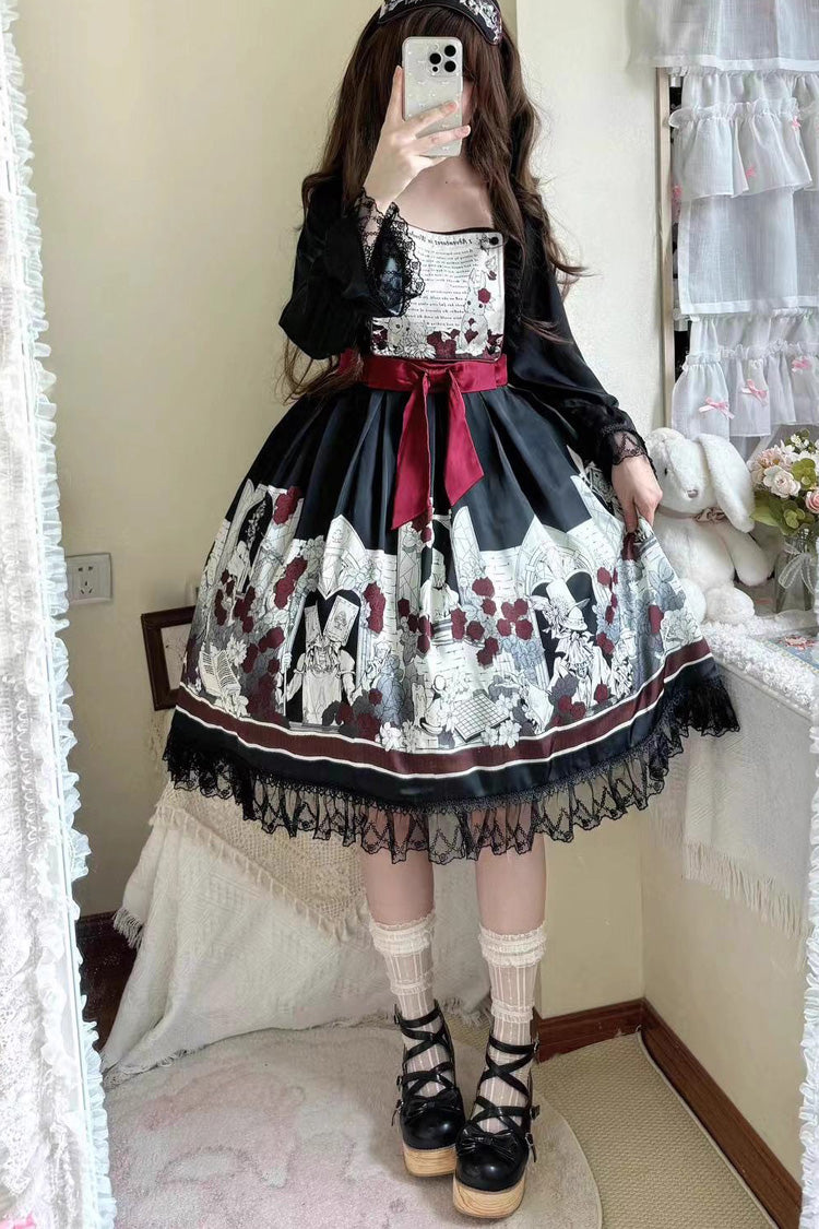 Black Alice of the Asylum Print Bowknot Lace Gothic Lolita Dress 2 Versions