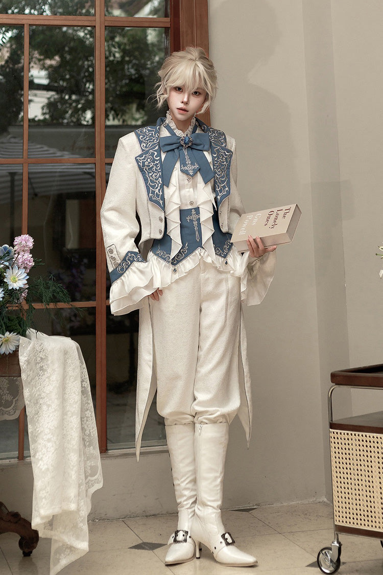 White Moonlit Paladin Prince Ruffle Embroidery Bowknot Classic Prince Handsome Ouji Lolita Set