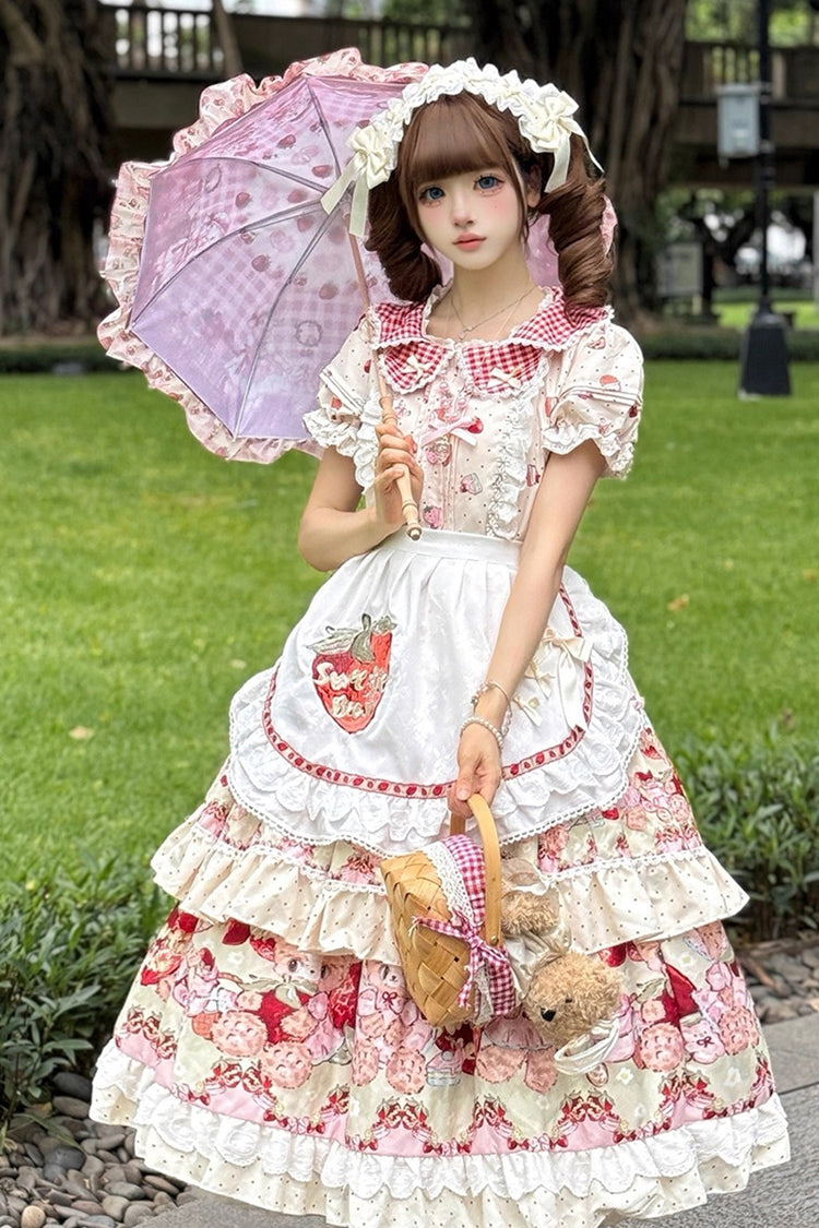 Ivory Bear Strawberry Ode Print Short Sleeves Double-Layered Ruffle Bowknot Sweet Princess Lolita Jsk Dress