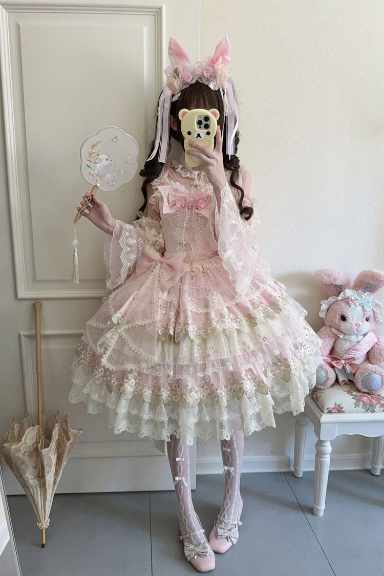Pink Falling Flowers in the Rain Sleeveless Ruffle Embroidery Bowknot Sweet Chinese Style Lolita Jsk Dress