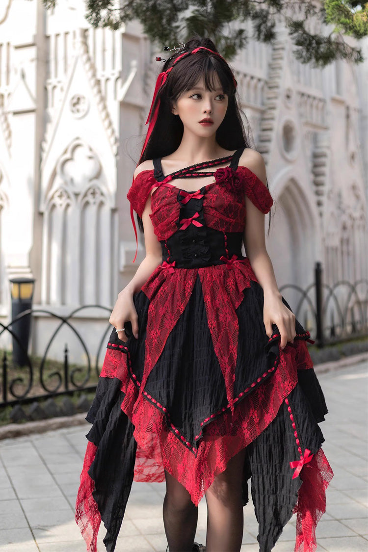 Red/Black Sleeveless High Waisted Print Irregular Gothic Lolita Jsk Dress