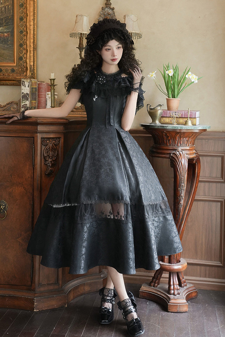 Black Flowers in the Mist Off Shoulder Halterneck Print Ruffle Gothic Elegant Lolita Dress