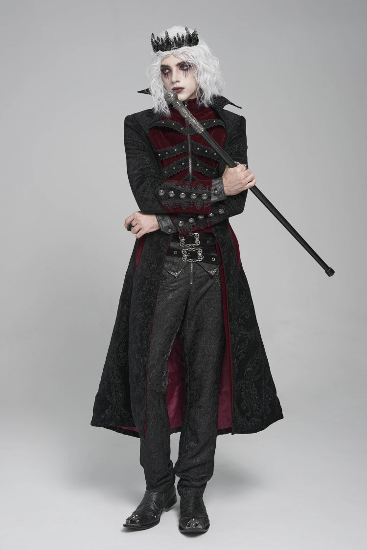 Black/Red Diamante Stand Collar Long Sleeves Printed Zippered Men's Gothic Long Coat