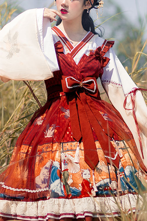 Wine Ukiyolu Cat Print Long Sleeves Chinese Style Fake Two Pieces Bowknot Ruffled Sweet Lolita OP Dress