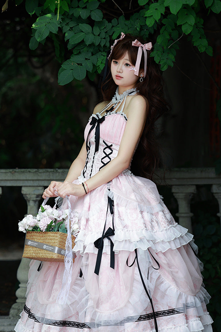 Pink Cross Halterneck Ruffle Bowknot Lace Lace-Up Princess Sweet Lolita Dress